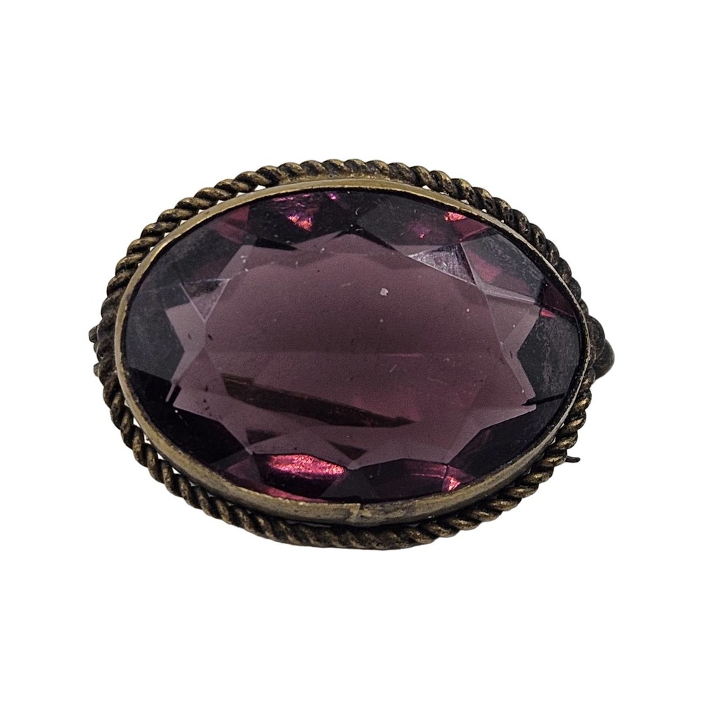 Antique Czech Oval Purple Amethyis Glass Brass Pin Brooch 1900s